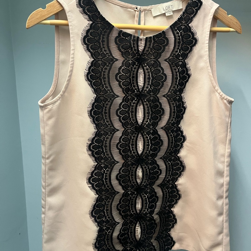 LOFT Cream Top with Black Lace Accent